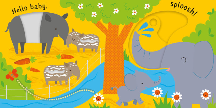 Vibrant illustration of tapir and elephant families with interactive sliding tabs in a bright, colorful zoo scene.