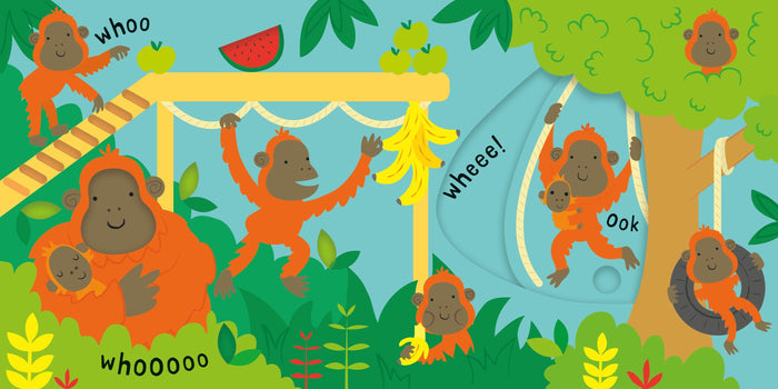 Colorful jungle illustration with orange orangutans, tropical fruits, and interactive sliding panels.