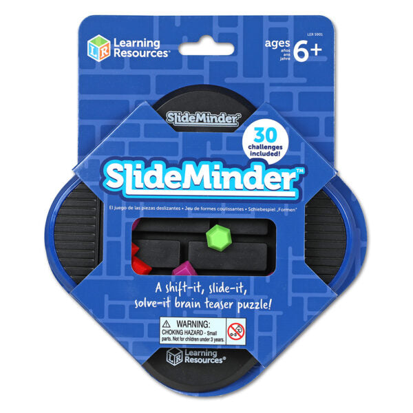 Blue toy packaging for a sliding puzzle game featuring a black board with colorful green, red, and pink gems.