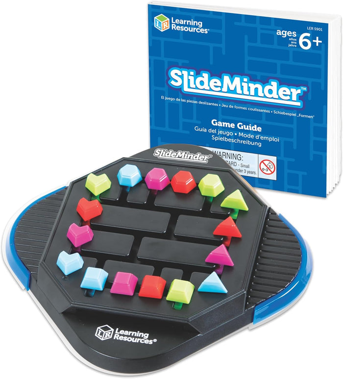 Hexagonal black game board with colorful sliding geometric shapes and a blue game guide booklet.