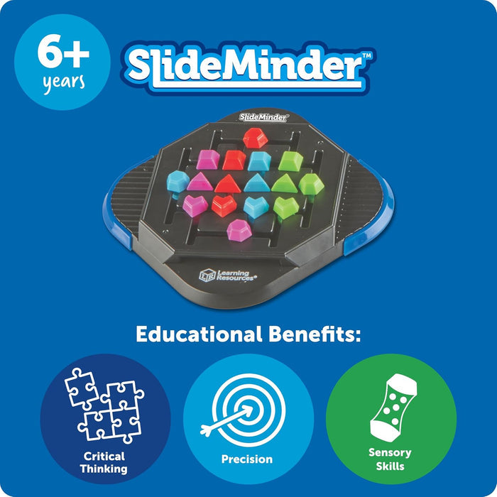 Logic puzzle with colorful geometric sliders on a black octagonal base. Icons show benefits for ages 6 and up.