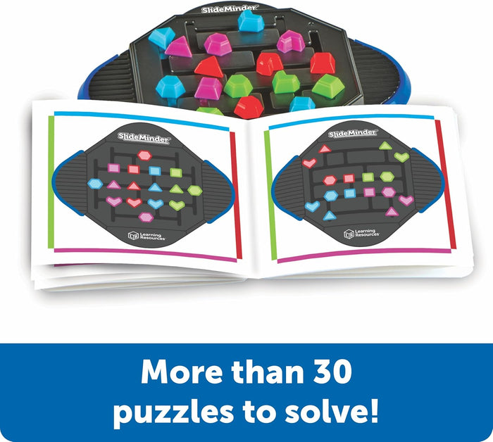 Slideminder puzzle game with colorful sliding 3D shapes on a black board and a booklet of logic challenges.