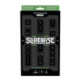 Slidewise word game in a black box with neon green trim, featuring three vertical columns of sliding letter tiles.