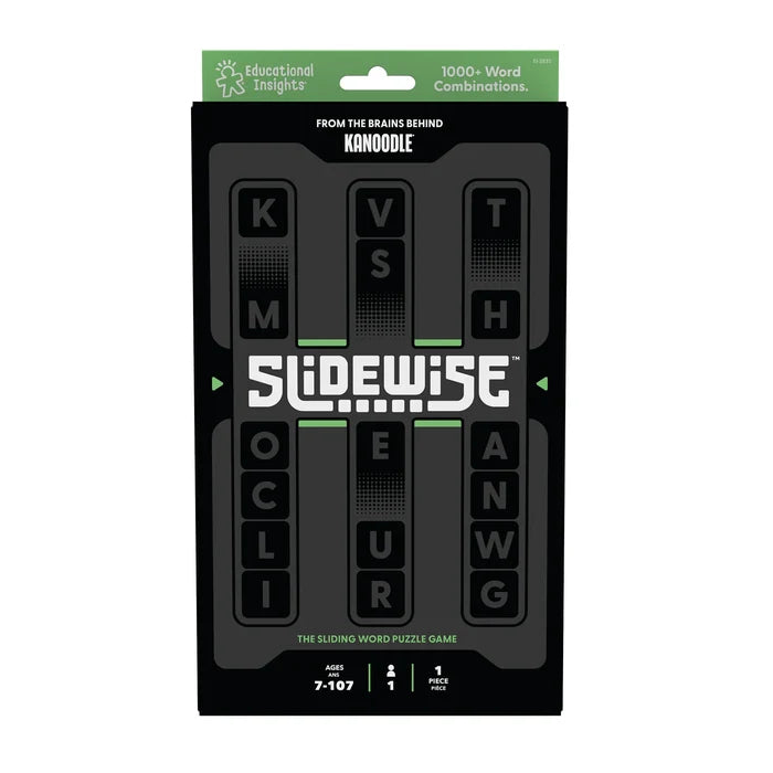 Slidewise word game in a black box with neon green trim, featuring three vertical columns of sliding letter tiles.