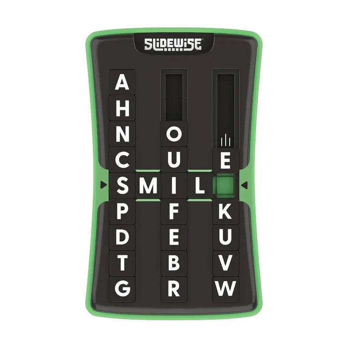 Black and green handheld word game with five vertical columns of sliding white letter tiles.