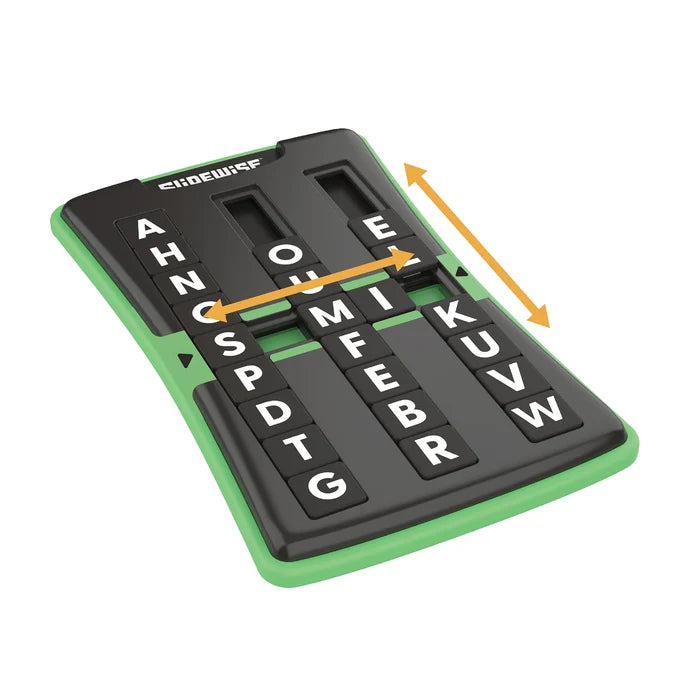 Handheld black game with green trim, three sliding columns of white letters, and orange arrows indicating motion.