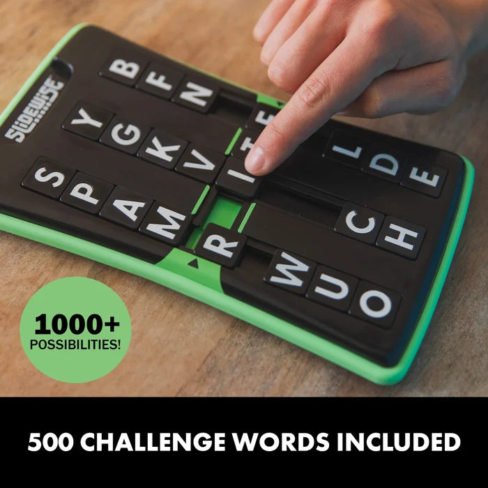 Handheld black and lime green word puzzle with sliding tiles. A finger moves a letter to form words in a vertical column.