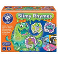 Orange box for Slimy Rhymes featuring a green slime monster, rhyming cards for star and car, and a character spinner.