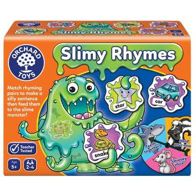 Orange box for Slimy Rhymes featuring a green slime monster, rhyming cards for star and car, and a character spinner.