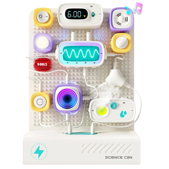 Science Can circuit toy with colorful modules, wires, digital displays, and a misting component on a white pegboard.