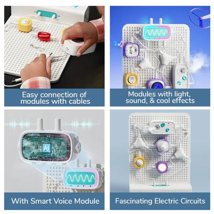 Educational toy with colorful electronic modules, white pegboard base, cables, and glowing light and sound components.