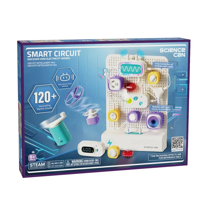 Science Can Smart Circuit box showing colorful modules and wires on a white pegboard with blue tech-themed packaging.