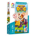 Logic puzzle box featuring a cartoon corgi jumping through a purple hoop on a green obstacle course game board.