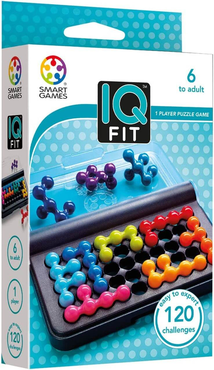 IQ Fit puzzle game box showing colorful 3D sphere pieces on a black grid board with 120 challenges.