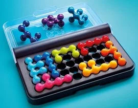 Colorful 3D puzzle pieces made of connected spheres in a black grid tray with a clear plastic folding lid.