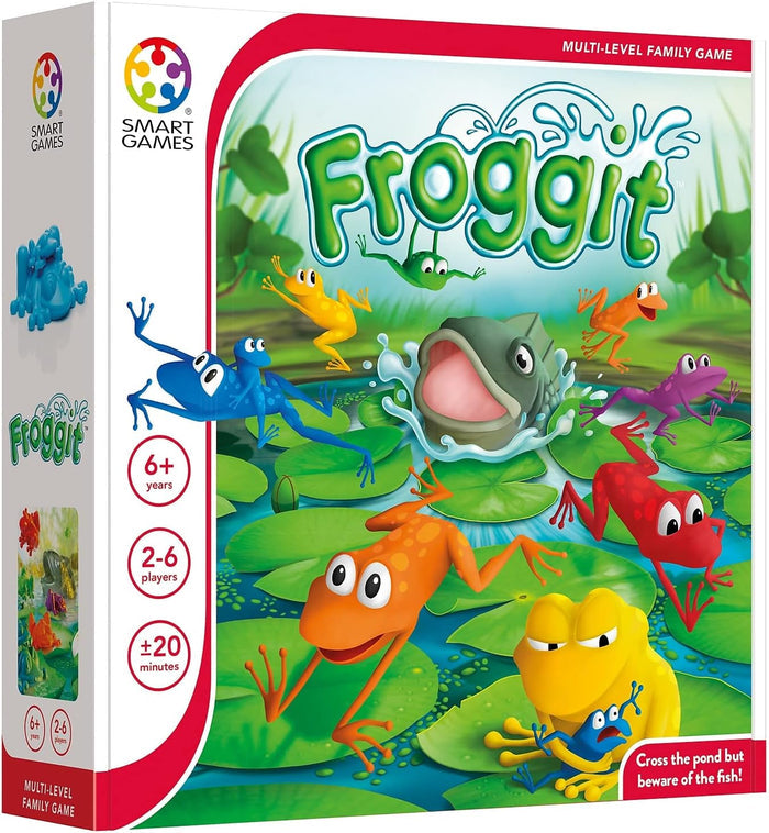 Froggit game box shows colorful frogs jumping on lily pads in a pond around a large grey fish with an open mouth.