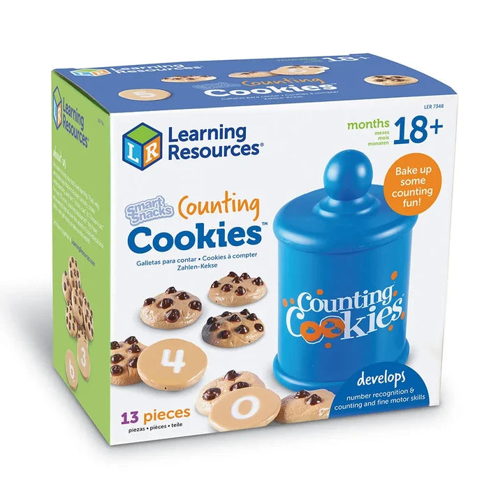 A colorful toy box featuring a blue cookie jar and plastic chocolate chip cookies with numbers.