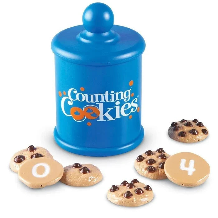 Blue toy cookie jar with Counting Cookies logo and plastic chocolate chip cookies showing numbers on the bottom.