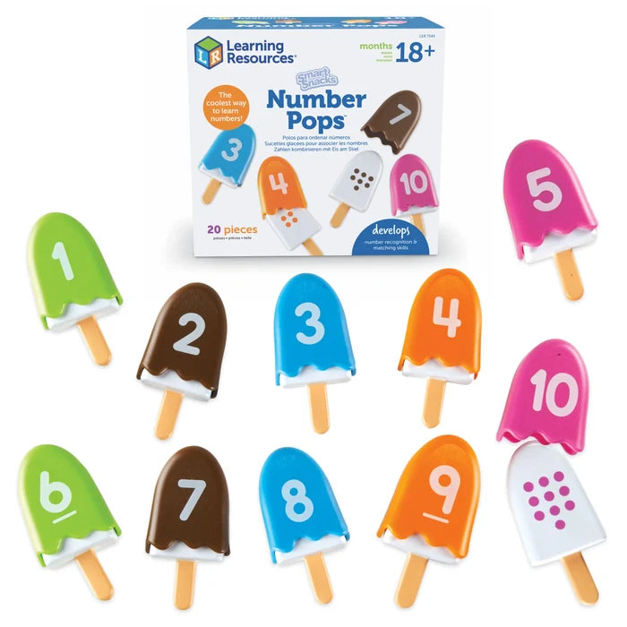Ten colorful toy popsicles numbered 1-10 with matching dots on white bases, shown with the product box.