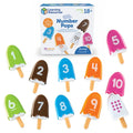 Ten colorful toy popsicles numbered 1-10 with matching dots on white bases, shown with the product box.
