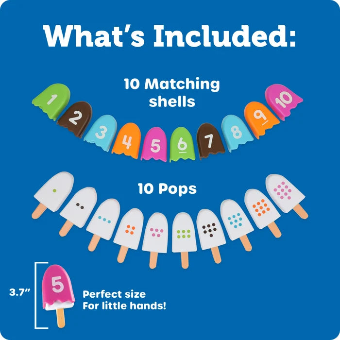10 colorful numbered popsicle shells and 10 white pops with matching colored dots. One pop is 3.7 inches tall.