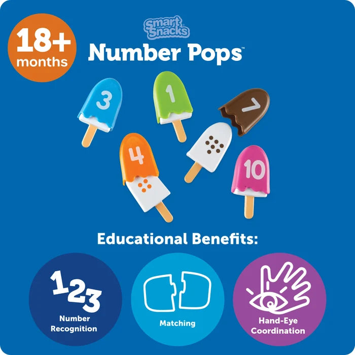 Five colorful toy popsicles with numbers and matching dots on a blue background highlighting educational benefits.