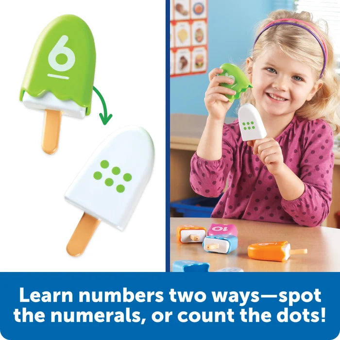 Child matches colorful toy popsicle shells featuring numbers to corresponding dot patterns on white inner pieces.