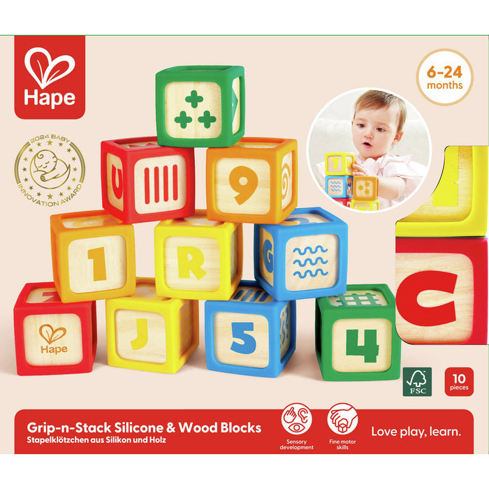 Ten colorful Hape silicone and wood blocks with letters, numbers, and patterns for babies aged 6-24 months.