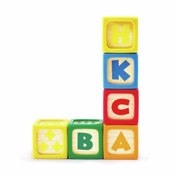Six colorful wooden blocks with letters B, A, C, K, H and plus symbols stacked in an L-shape.