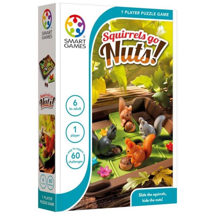 SmartGames box featuring colorful plastic squirrels on a green sliding puzzle board with acorns and fall leaves.