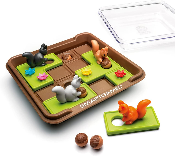 Sliding tile puzzle with squirrel figurines and acorns on a brown board with a clear plastic lid.