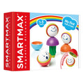 Red and white SmartMax box displaying colorful magnetic balls with faces, nesting shells, and a rainbow arc.