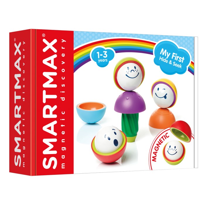 Red and white SmartMax box displaying colorful magnetic balls with faces, nesting shells, and a rainbow arc.