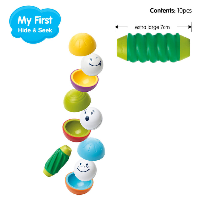 10 magnetic toy pieces including three white balls with faces, six colorful half-spheres, and a green ribbed bar.