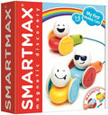 SmartMax toy box showing colorful magnetic cars with smiley face heads and geometric wheels for ages 1-5.