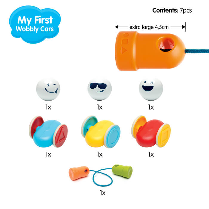 7-piece set showing 3 white emoji heads, 3 colorful car bases with shaped wheels, and a blue threading string.