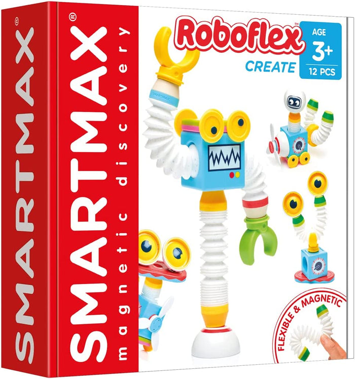 SmartMax Roboflex box showing magnetic robots with flexible white limbs, blue block bodies, and yellow claws.