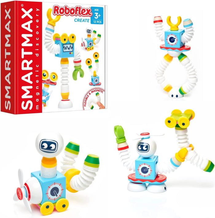 Product packaging and three magnetic toy robots with flexible white bellows arms, colorful bodies, and wheels.