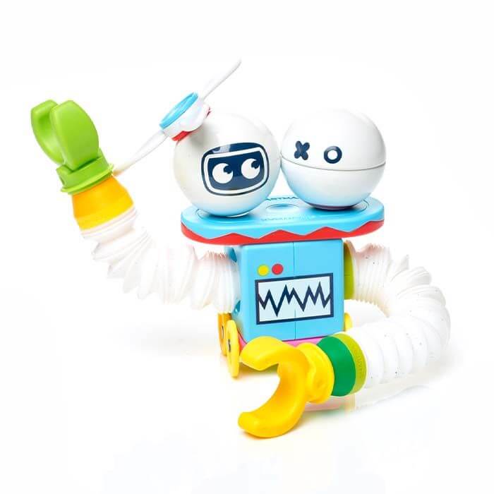 Colorful toy robot with flexible white accordion limbs, yellow claws, blue square body, and two spherical white heads.