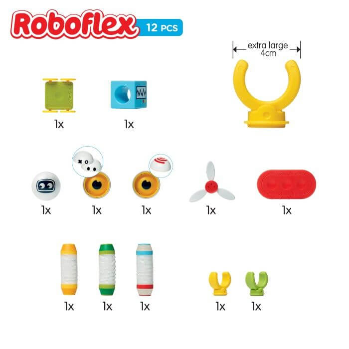 12 colorful building pieces from the Roboflex set including robotic eyes, wheels, and magnetic bars on white background.