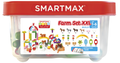 SmartMax Farm Set XXL in a clear bin with red lid. Label shows 116 colorful magnetic rods, balls, and farm figures.
