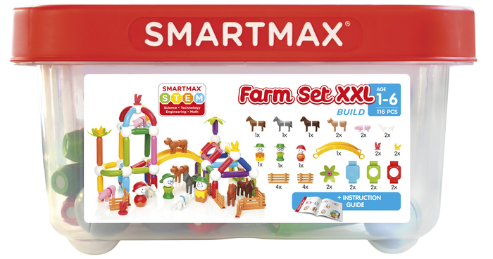 SmartMax Farm Set XXL in a clear bin with red lid. Label shows 116 colorful magnetic rods, balls, and farm figures.