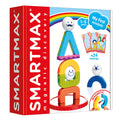 Red toy box featuring a tower of colorful magnetic arches, triangles, and smiley face balls on a mirrored base.