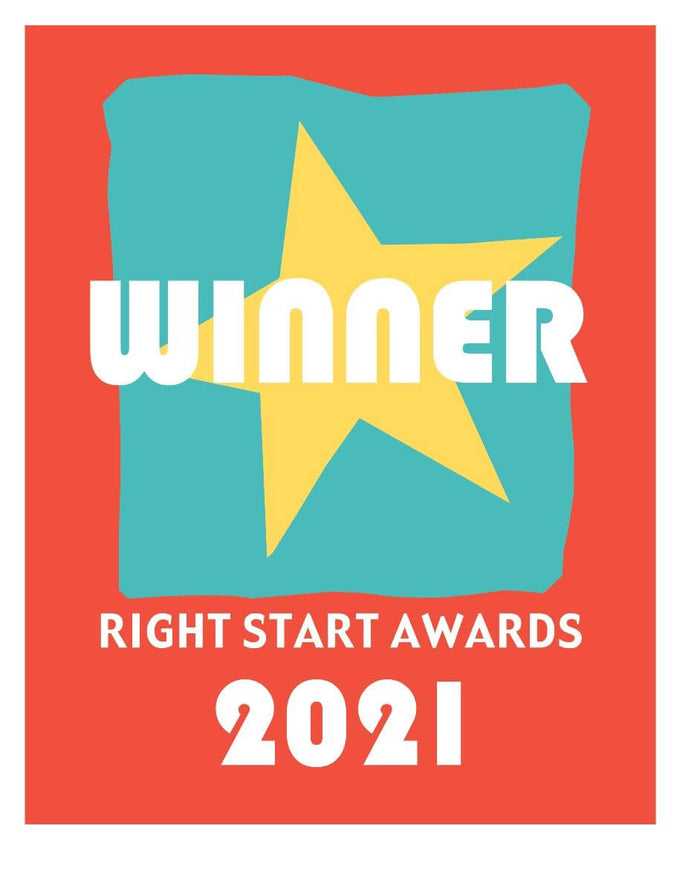 Right Start Awards 2021 Winner logo with white text, a yellow star, and a teal shape on a red background.