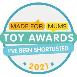 Made for Mums Toy Awards 2021 "I've been shortlisted" circular badge in teal, orange, and white.
