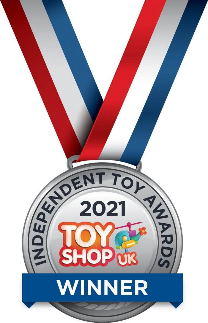 Silver 2021 Independent Toy Awards winner medal with a red, white, and blue striped ribbon.