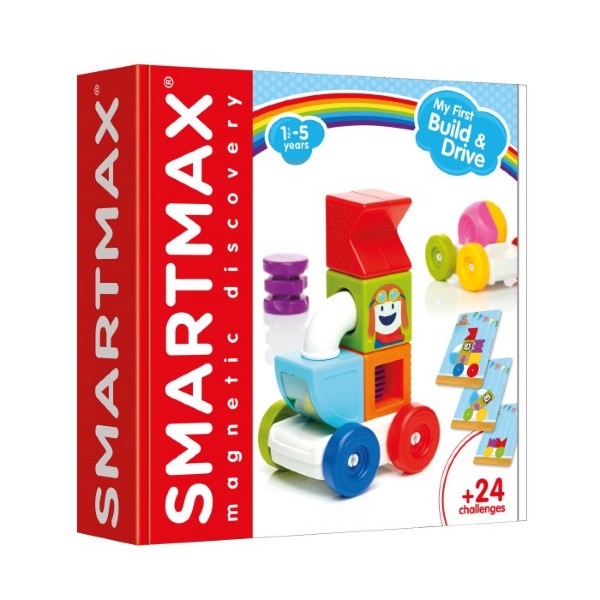 SmartMax My First Build & Drive box showing colorful magnetic vehicle blocks, wheels, and challenge cards.