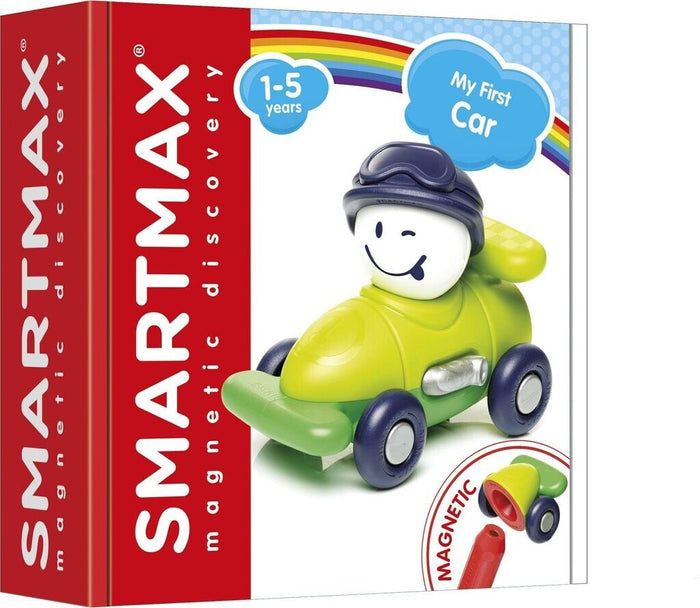 Toy box for ages 1-5 showing a green magnetic car with blue wheels and a smiling driver with a blue helmet.