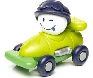 Lime green toy race car with blue wheels and a winking driver figure wearing a blue helmet and goggles.