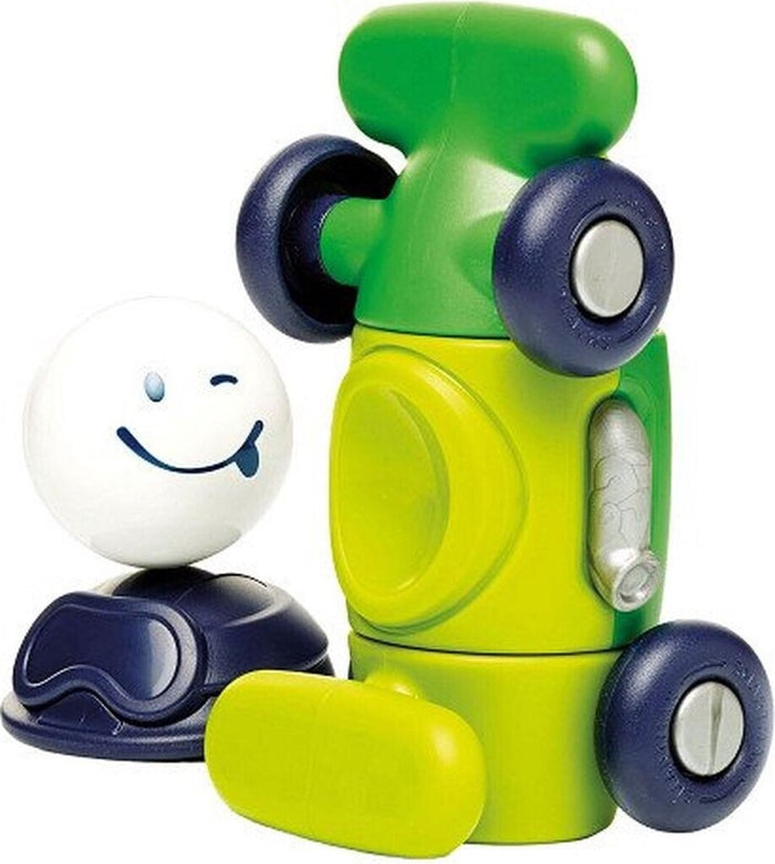 Green and lime magnetic toy car with dark blue wheels and a white sphere piece showing a winking smiley face.